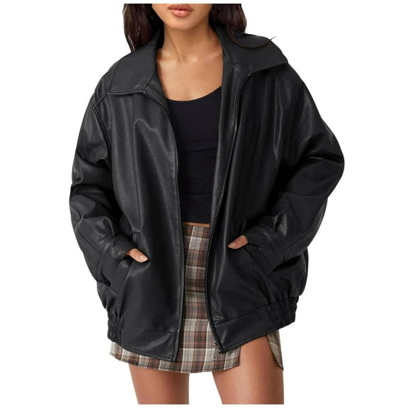 Black*Friday ChaoHeng 2025 Jackets for Women Women's Solid Color Faux Leather Moto Jacket with Zipper Pockets