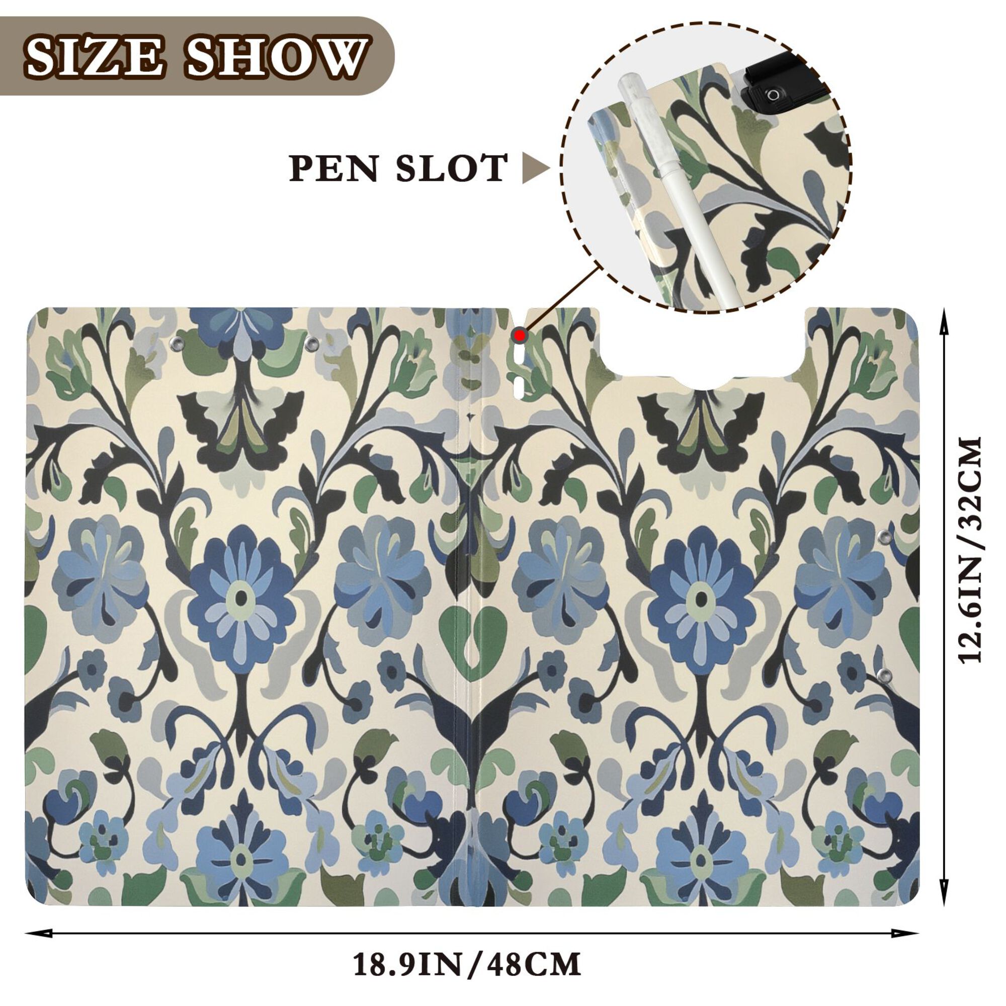 FORMRS A4 Clipboard Folder with Pen Holder Horizontal Foldable School Office Binder, Blue Floral