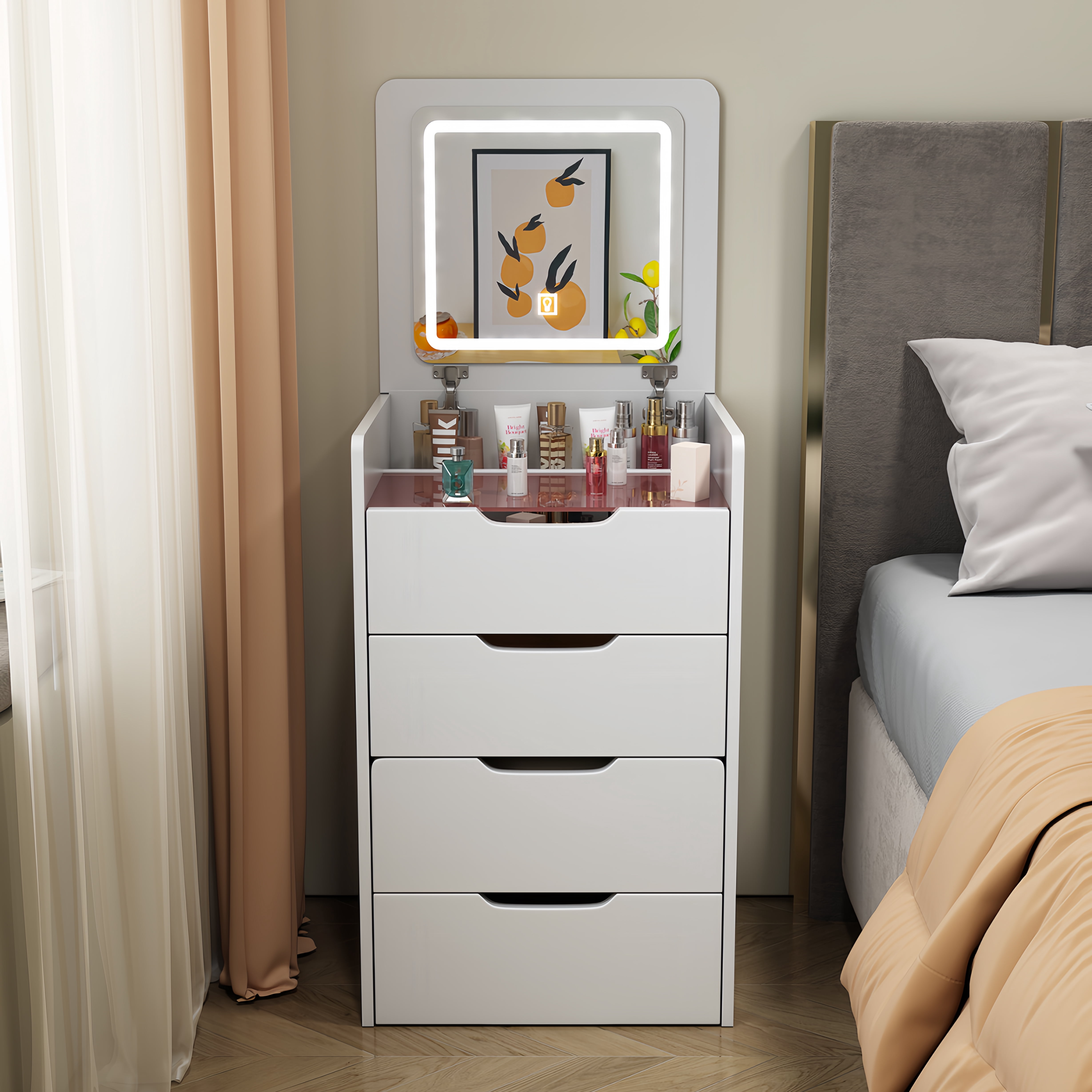 Miniyam Vanity Desk with Lighted Flip Mirror, Drawers & Stool, Makeup Table for Adults, White