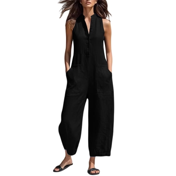 TEAJOPSUU Women's Cotton Blend Jumpsuits with Pockets Sleeveless Wide Leg Ankle Jumpsuits Collared Button Down Overalls Loose Fit Clothing Black