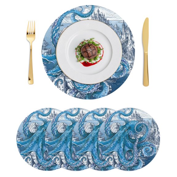Round Placemats Nautical Coastal 15 inch Set of 4 Table Mats for Dining Table Summer Ocean Blue Octopus Vintage Castle Heat Resistant Non-Slip Kitchen & Home Decorative Place Mat Set