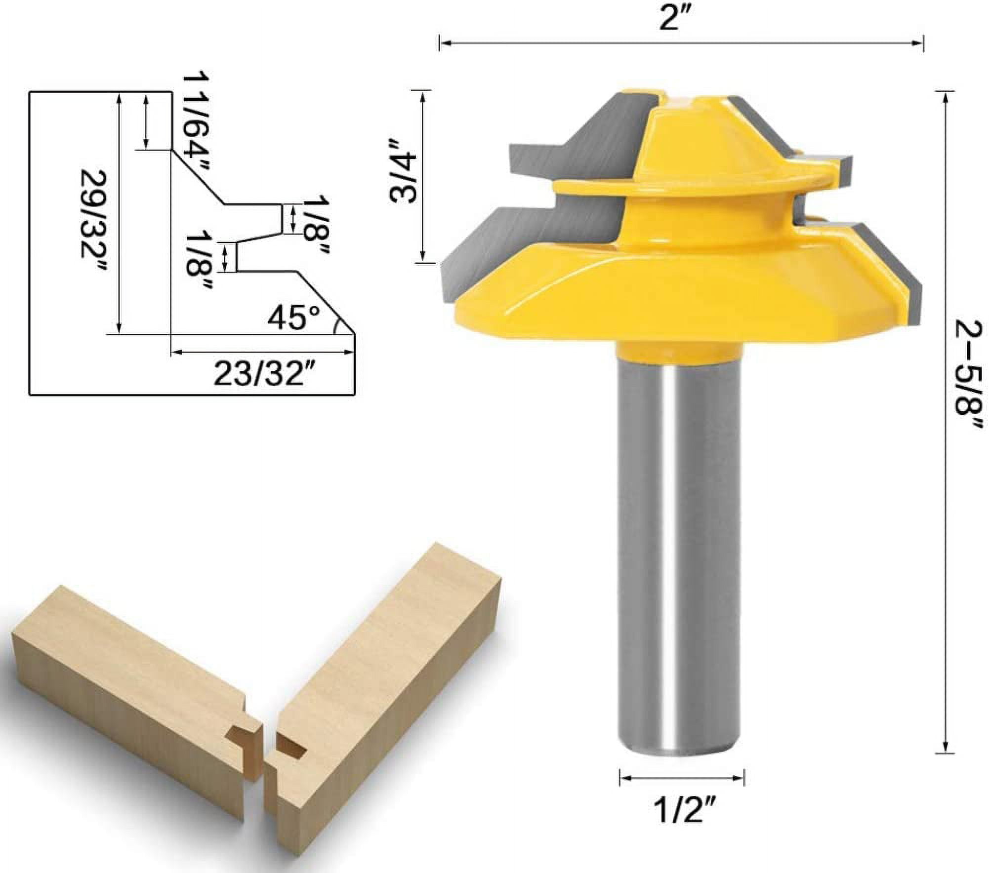 45 Degree Lock Miter Router Bit + Tongue Drill Bit + Slotting Cutter, Woodworking Milling Cutter for Carpentry Tools (1/2''(12.7Mm))