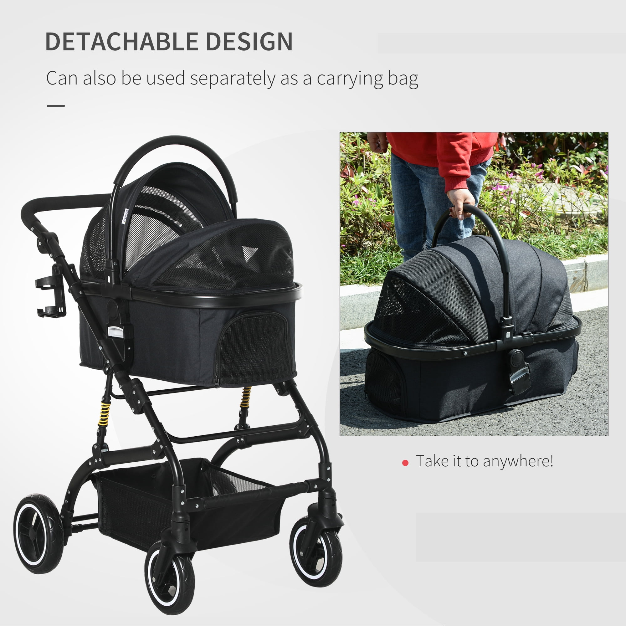 PawHut 4 Wheels Pet Stroller with Detachable Carrier Foldable Cat Dog Travel Carriage 2 In 1 Design Carrying Bag with Universal Wheel Brake Canopy Basket Black Walmart