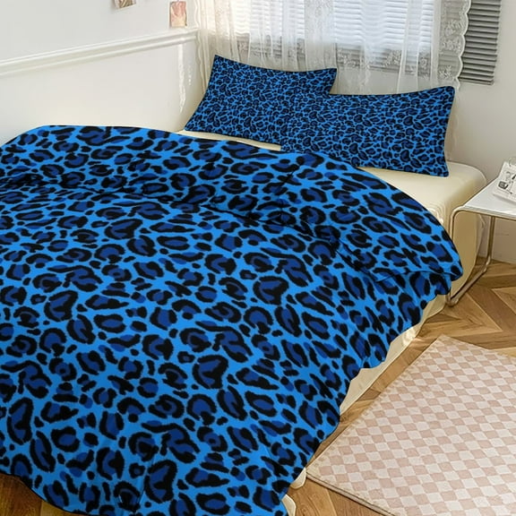 3 Pcs Soft Bedding Set, Includes 1 Duvet Cover with Zipper And 2 Pillow Shams,Blue Aesthetic Leopard Print Twin(86"x70")