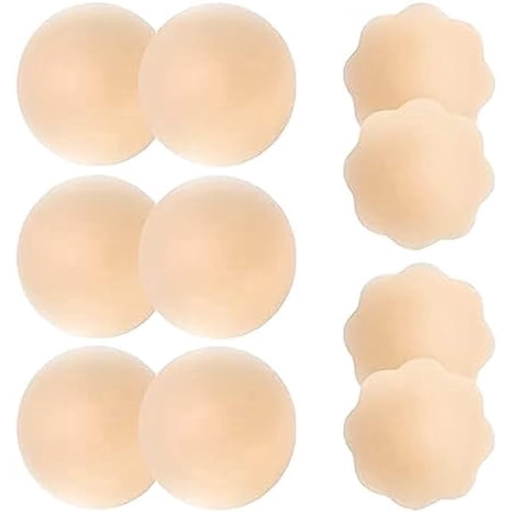 5 Pairs Pasties Women Nipple Covers Reusable Adhesive Silicone Nippleless Covers (3 Round 2 Flower) Beige