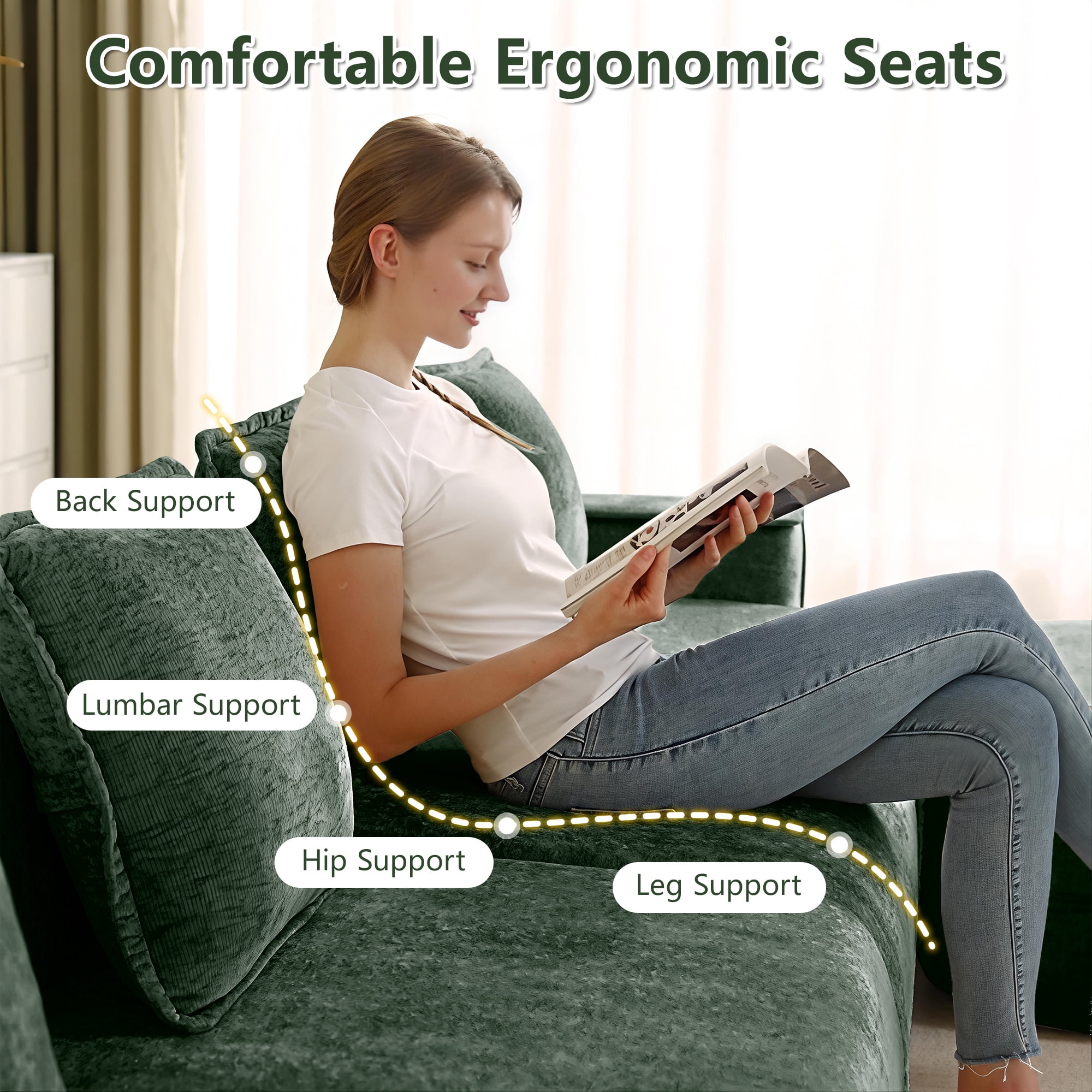 Aukfa 109" Cloud Sectional Sofa Oversized Boneless Couch Modular L-Shaped Sofa with Ottoman for Living Room, Velvet, Green