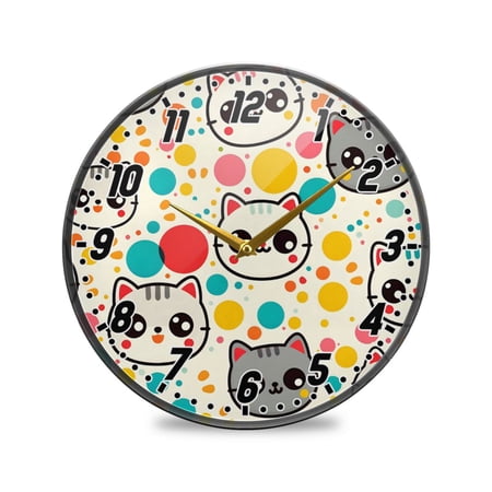 Wall Clock Battery Operated Non-Ticking Silent for Living Room Bedroom Kitchen Office Decor Cartoon Cat Face and Dots 9.5