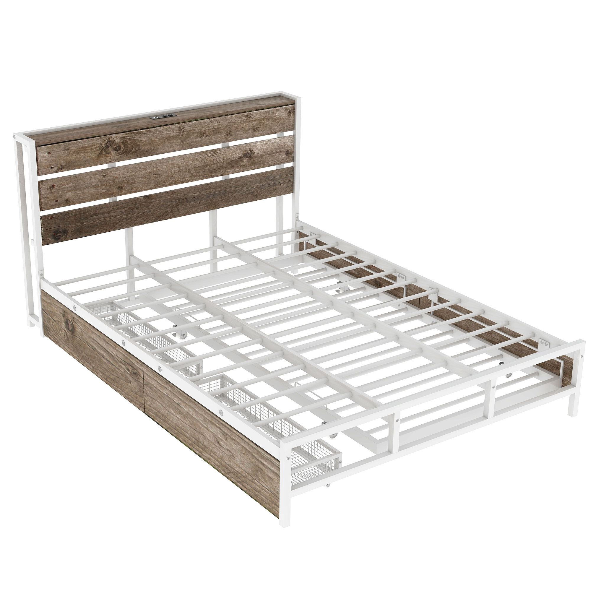 Euroco Wood Metal Queen Size Platform Bed with Functional Headboard, 4 Storage Drawers, Charging Station and USB Ports, White