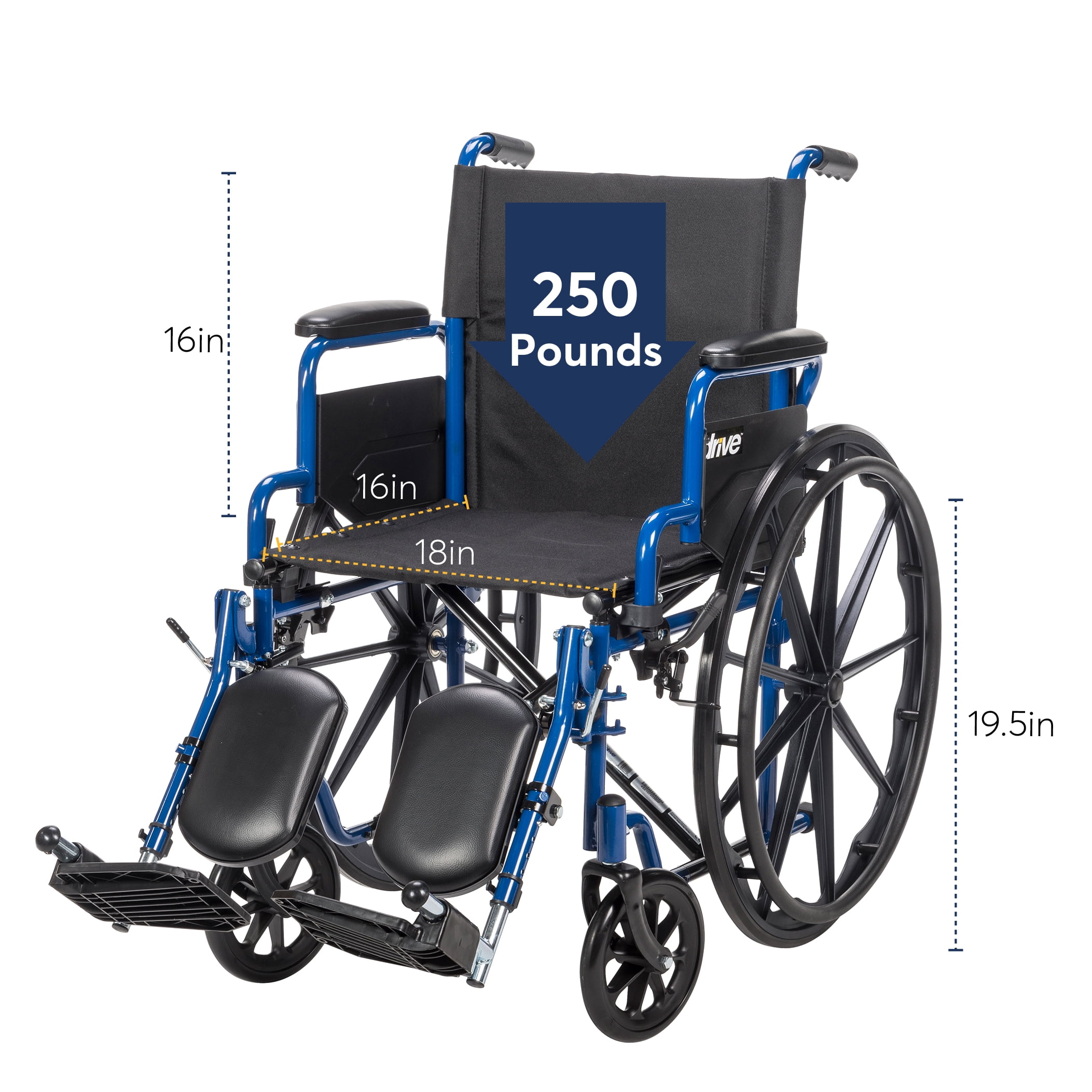 Drive Medical Blue Streak Wheelchair with Flipback Desk Arms, Elevating Leg Rests, 18" Seat, Steel Frame