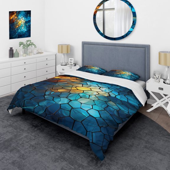 Designart "Fractal Mosaic in Blue and Yellow I" Abstract Modern Shapes Bedding Covert Set - Abstract Blue Modern Bed Set With 2 Shams