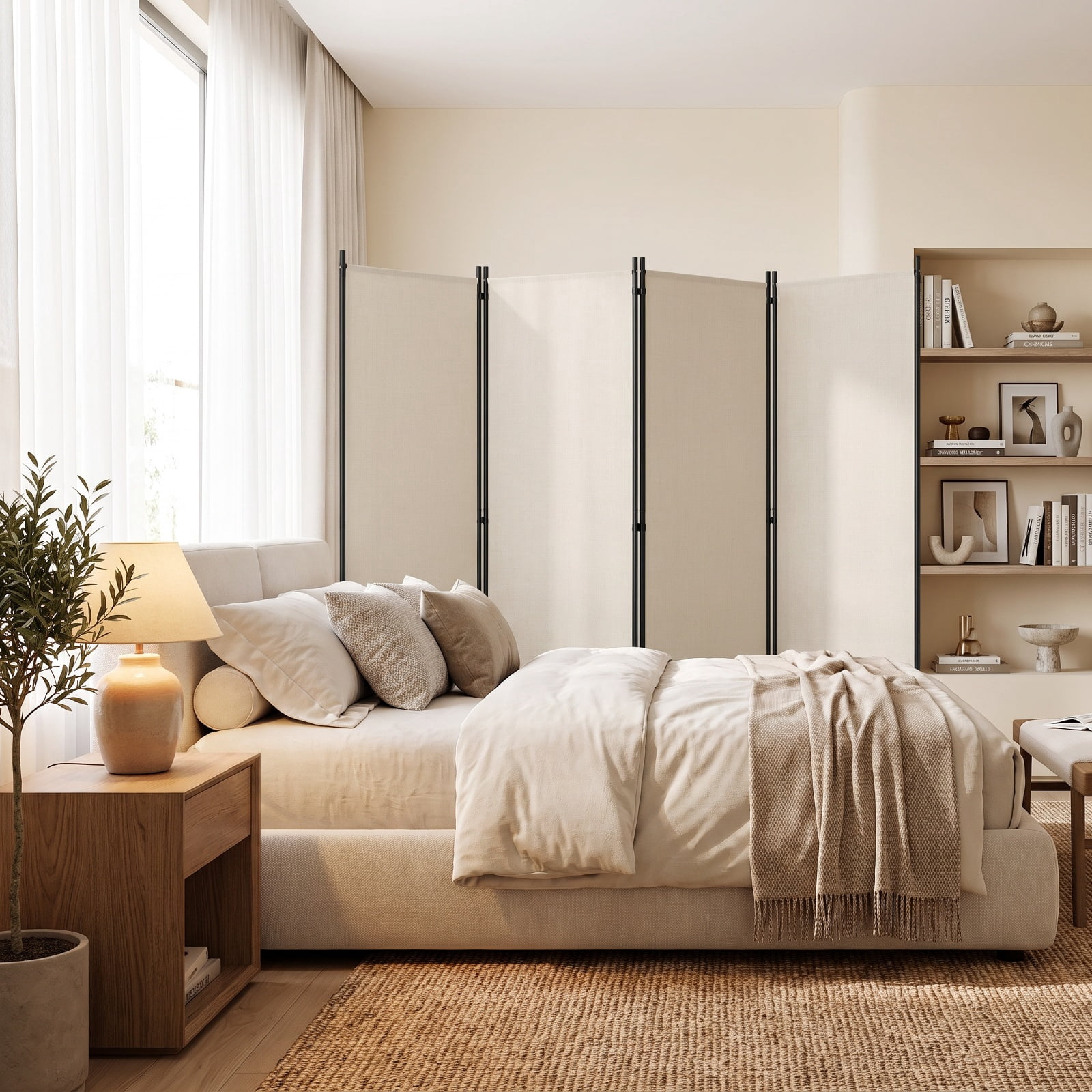 Vebreda 4-Panel Rolling Room Divider Folding Privacy Screen with Lockable Wheels, Freestanding Fabric Partition for Bedroom Office Dorm, White