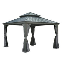 TOTAL Outdoor 12' x 12' Hardtop Gazebo, Galvanized Steel Double Roof Canopy W/Curtains and Netting, Drainage System, Sunshade for Deck, Lawns and Backyard, Gray.