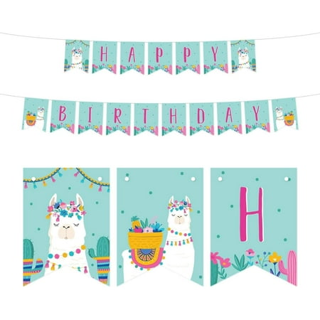 Llama Cactus Birtay Party, Hanging Pennant Party Banner with String, Happy Birtay, 5-Feet, 1 Set