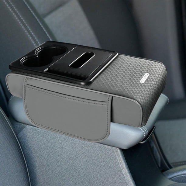 Reposabrazos para coche, almohadilla para portavasos, caja de pañuelos, práctico organizador de consola central multiusos de cuero sintético para gris