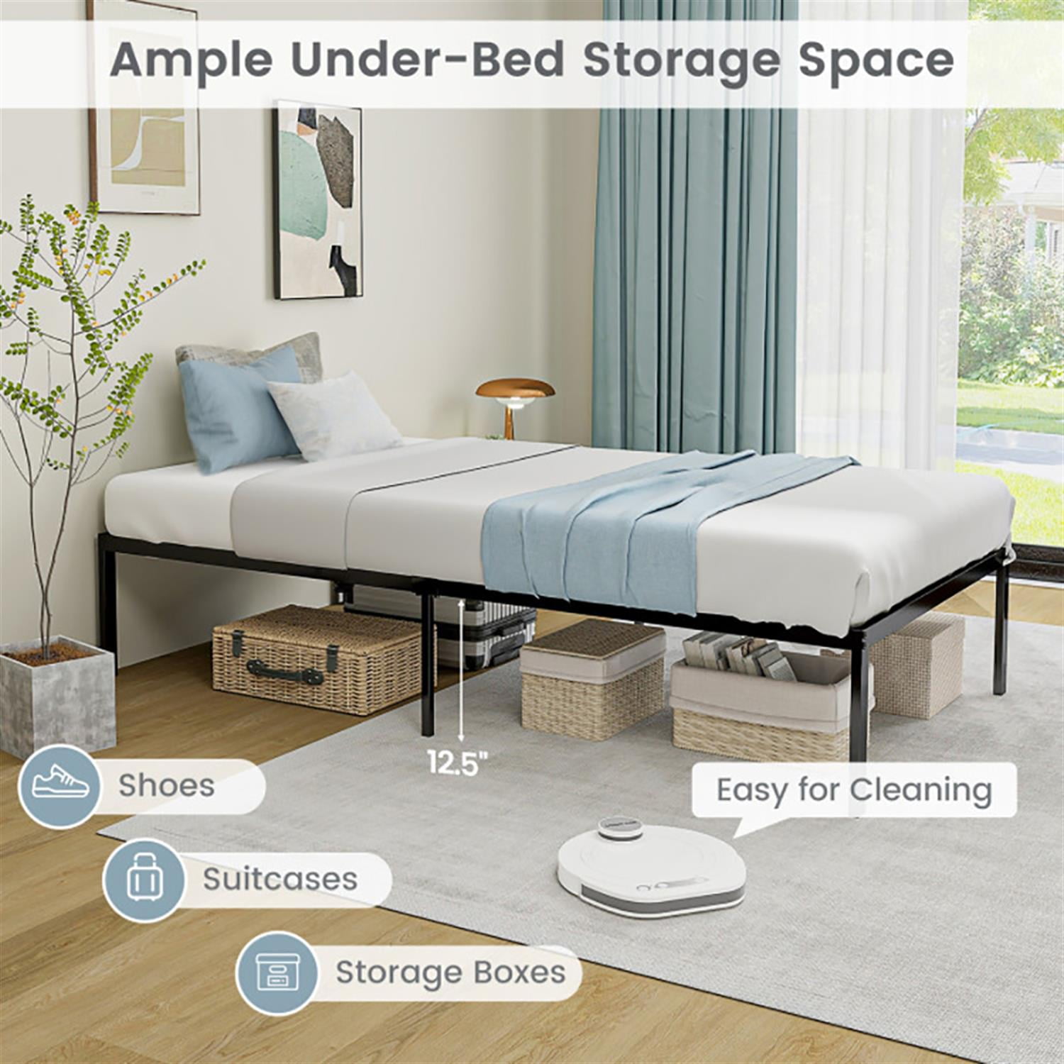 Demi Bonn Twin Bed Frames 14" Heavy Duty Metal Platform, No Box Spring Needed Underbed Storage, Easy to Assembly, Black