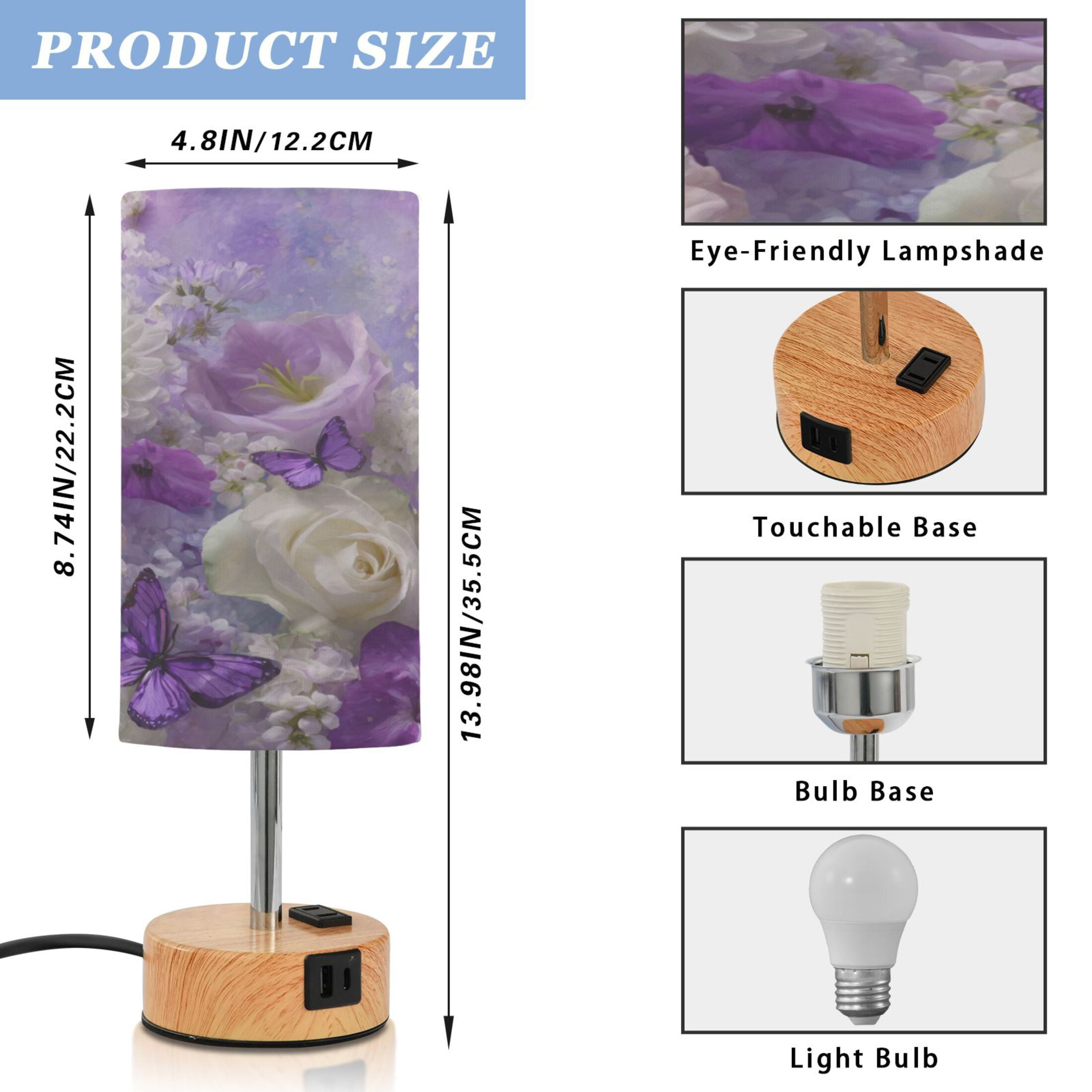 Wobogo Purple Butterfly Floral Bedside Lamp Touch Control Table Lamp with USB A+C Charging Ports & AC Outlet 3-Way Dimmable Nightstand Lamp with Linen Fabric Shade for Bedroom Living Room