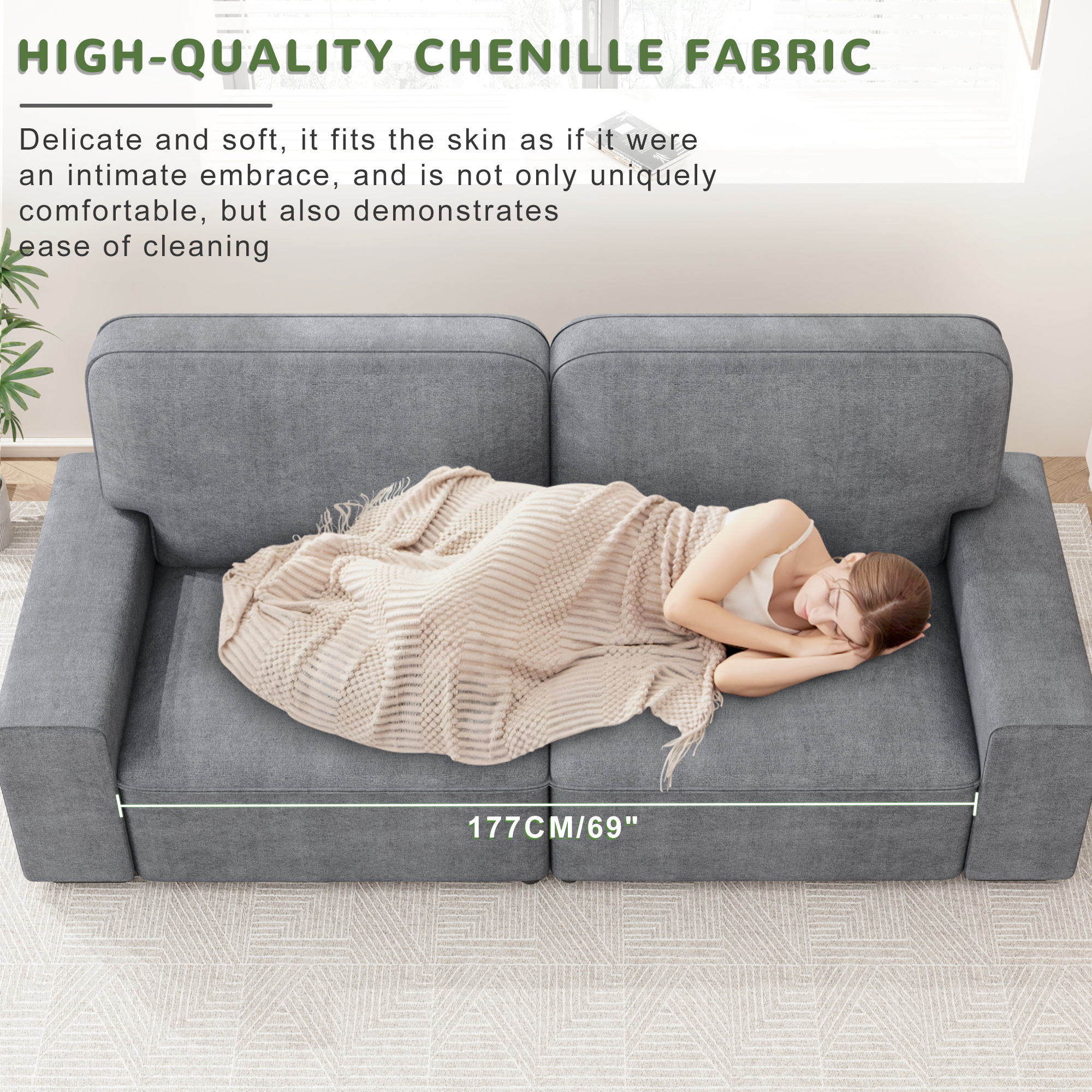 AAQZ 87" Comfy Sofa for Living Room, 3 Seater Chenille Fabric Couch for Small Space, Light Gray