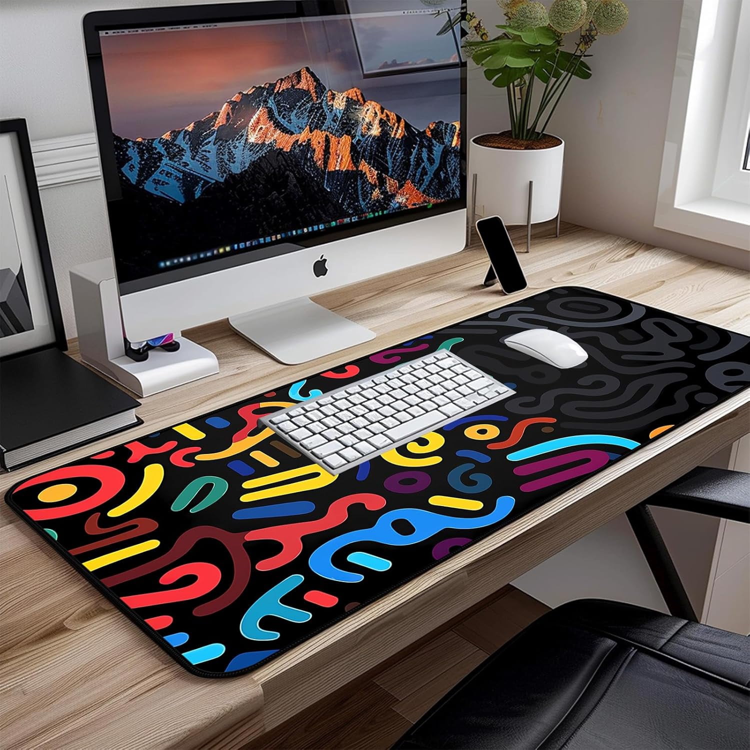 Colorful Line Desk Pad, Abstract Art Mouse Pad Mat XXL, Black Large Office Desk Keyboard Pad, with Non Slip Rubber Base and Stitched Edges Mouse Pad, Game Player's Desktop Decor 31.5"X15.7"