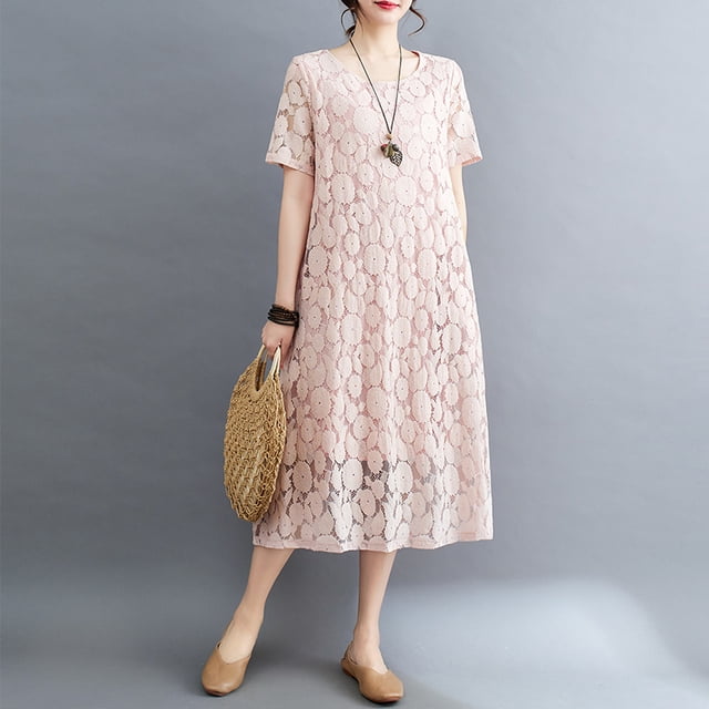 2024 Été Nouvelle Robe de Bureau pour Femme Vestidos Robe Été Femme Elbise Ample à Manches Courtes en Dentelle Longues Robes