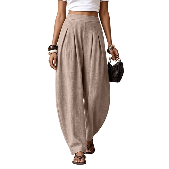Linen Wide Leg Palazzo Barrel Pants for Women Loose Harem Pants Casual 2026 Summer Vacation Boho Trousers with Pockets Casual Lightweight Breathable Trousers, Beige L