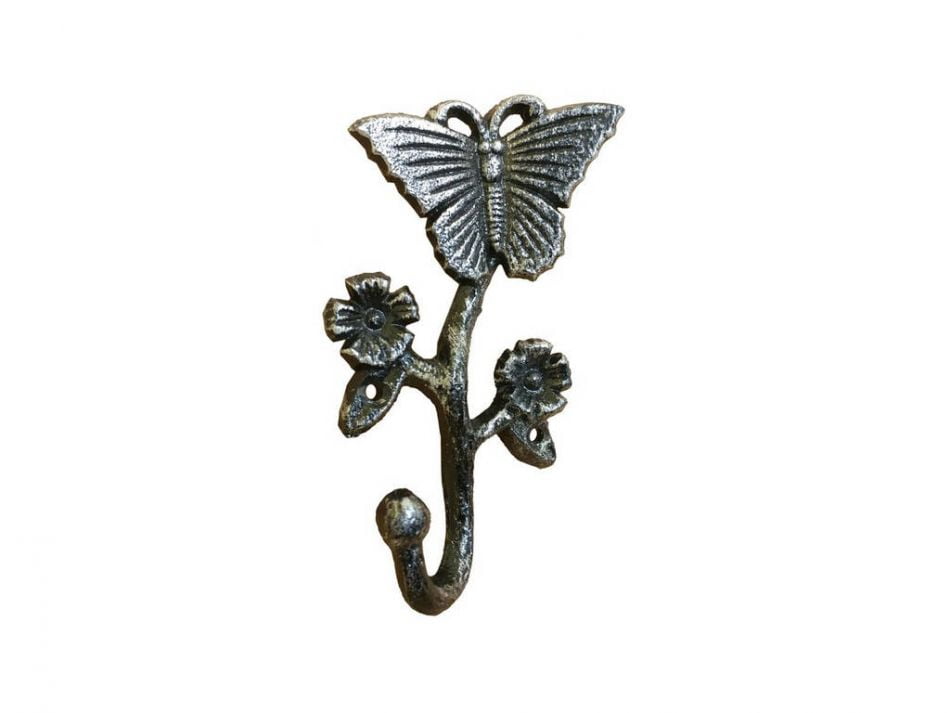 Door Decorative Hook Handcrafted Nautical Decor Rustic Silver Cast Iron Butterfly with Flowers Hook 5