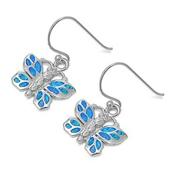 Butterfly Hanging Earrings Blue Simulated Opal .925 Sterling Silver Jewelry Female Unisex