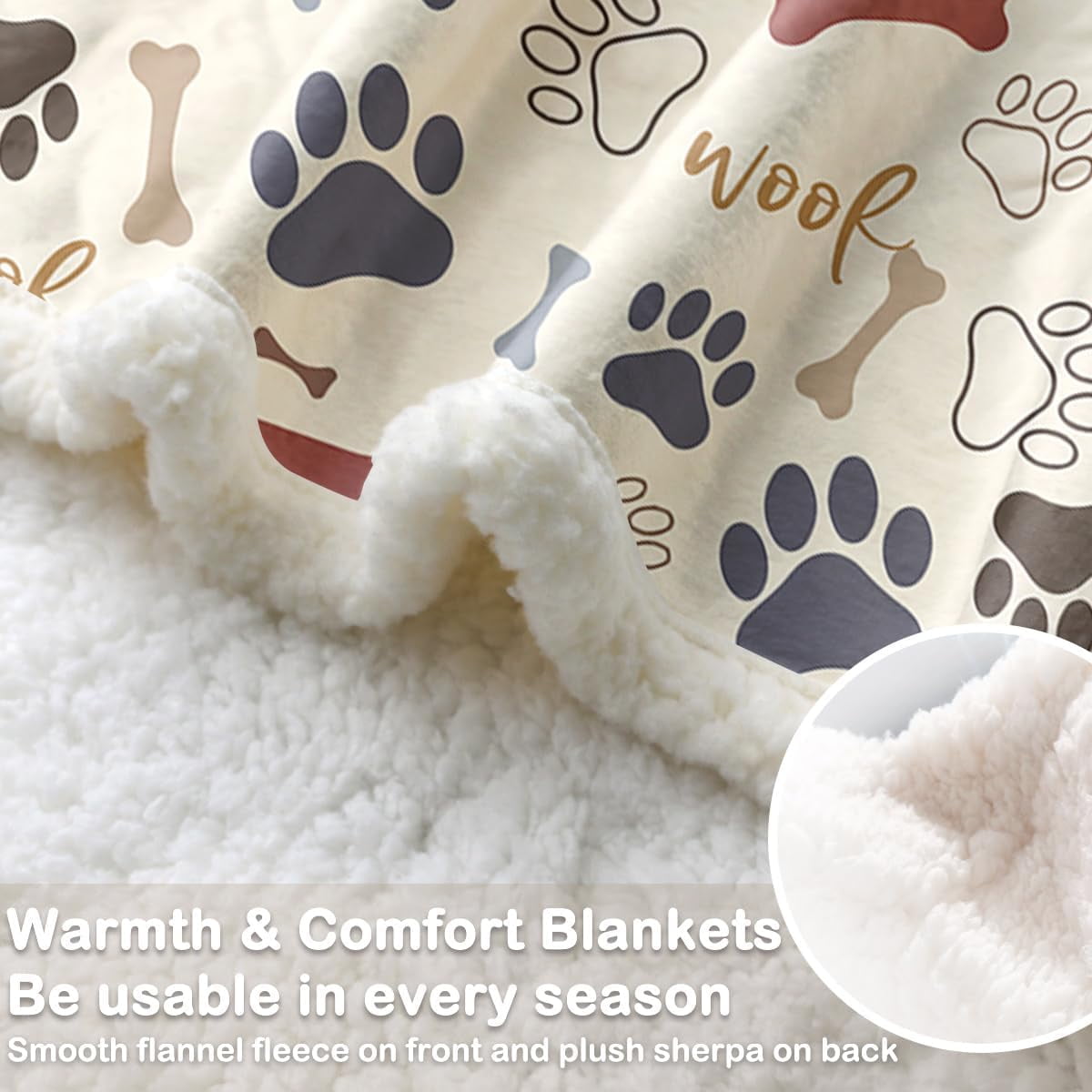 Dog Paws and Bones Print Fleece Throw Blanket for Kids Soft Plush Light Yellow Sherpa Blanket for Couch Chair, Throw (50" X 60")
