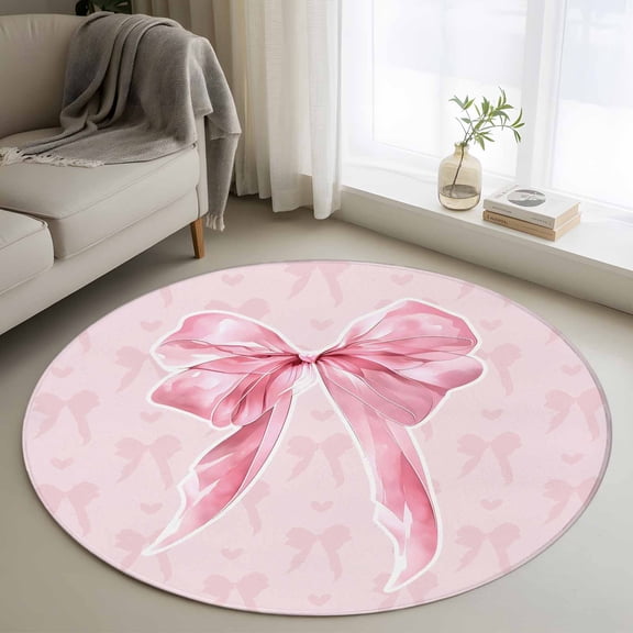Round Area Rugs Collection 3 Ft, Pink Bow Non-Slip Residential Carpet, Cute Watercolor Girls Cartoon Luxury Indoor Crawling Mats Doormat Runner Rugs Play Mat for Bedroom