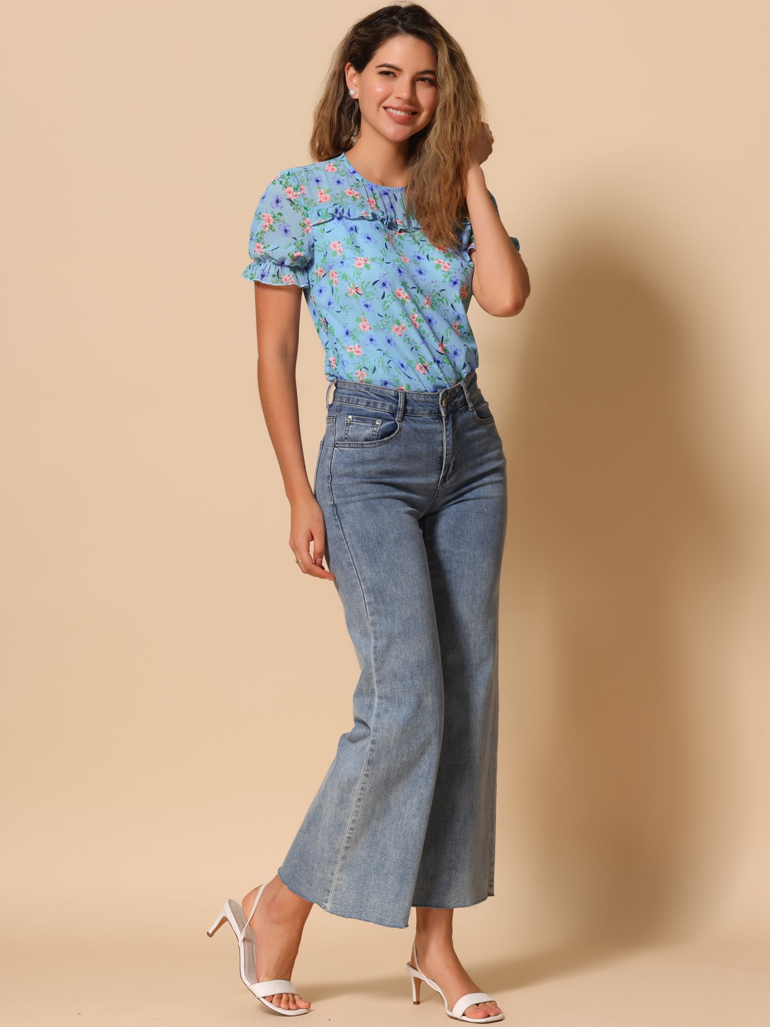 DARING DIVA Short Sleeve Ruffled Trim Floral Blouse XS Sky Blue