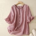 thumbnail image 2 of jtjvou Linen Shirts for Women Summer Embroidery Blouses with 3/4 Sleeve Elegant Petal Cuff Trendy V Neck Plain Tops,Pink,M, 2 of 5