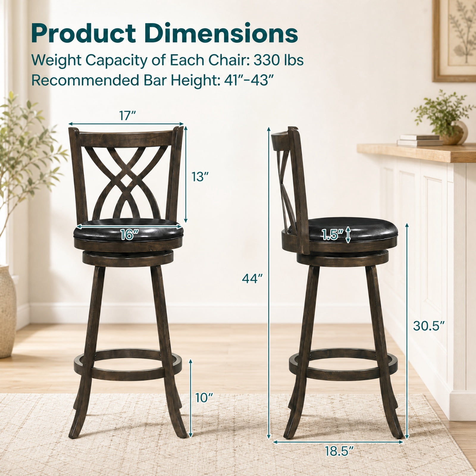 Furnibear Set of 2 Swivel Counter Height Bar Stools with Rubber Wood Frame and Backrest