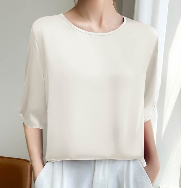 Women's Casual Solid Color Short Sleeve Round Neck Blouse - Soft Polyester Fabric, Comfortable & Stylish for Daily Wear, Work, Party, Vacation - Hand Wash Cold