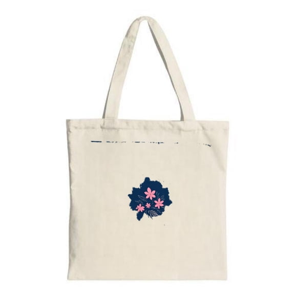 Cream Canvas Tote Bag with Pink Flower Graphic on Dark Blue Background - Stylish Minimalist Perfect for Shopping and Travel