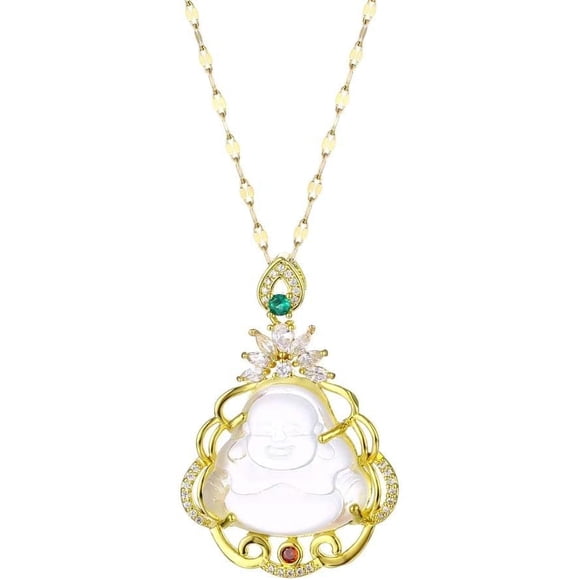 HUGFEGWE Buddha Pendant Necklace Lucky Laughing Buddha Necklace Inlaid Lotus Titanium Steel Amulet Jewelry Gift for Men Women Clavicle Chain(White) CJB91-63713