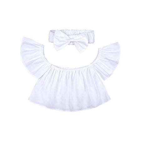 

Fesfesfes Toddler Baby Girls Fashion Cute Flying Sleeves Solid Color Leaky Shoulder Top Bow Headdress Suit