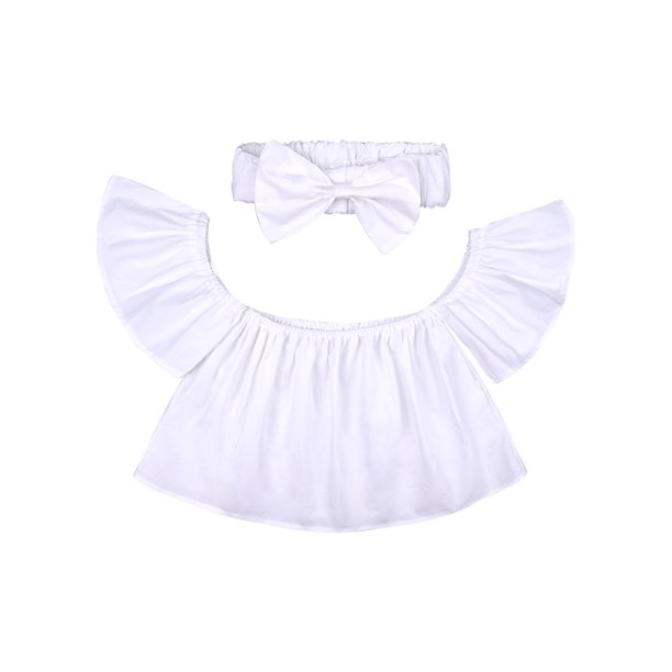 Ropa Para Bebé (Niño O Niña), Atuendo Para Niño Pequeño, Moda, Mangas Voladoras s, Color Sólido, Hombro Con Fugas, Top, Tocado Con Lazo, Traje Blanco Odeerbi LM103-8707