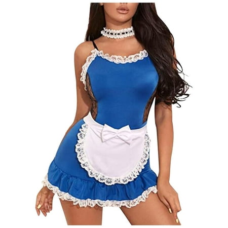 

Puntoco Women Clearance Ladies Solid Erotic Lingerie Spaghetti Straps Lace Zipper Maid Costume Dress with Apron Blue 4(S)