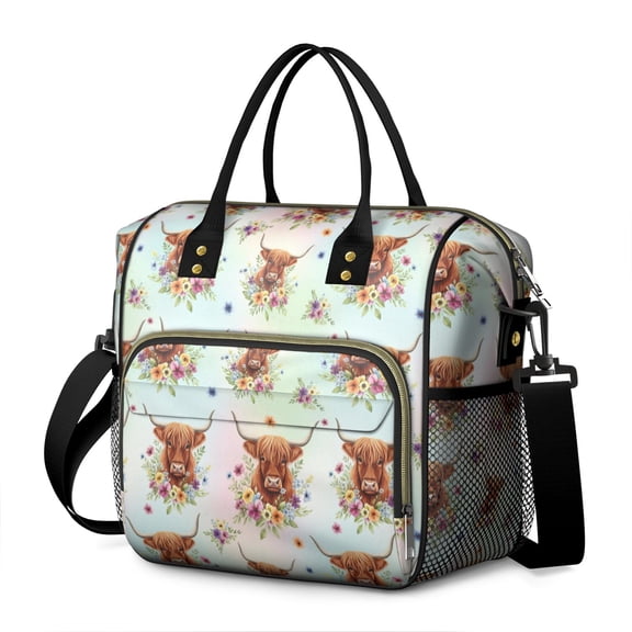 Highland Cow and Flower Print Insulated Leakproof Lunch Box for Women, Large Lunch Bag for Tween Teen Adult, Loncheras Para Mujer for Work Beach Travel Picnic Camping