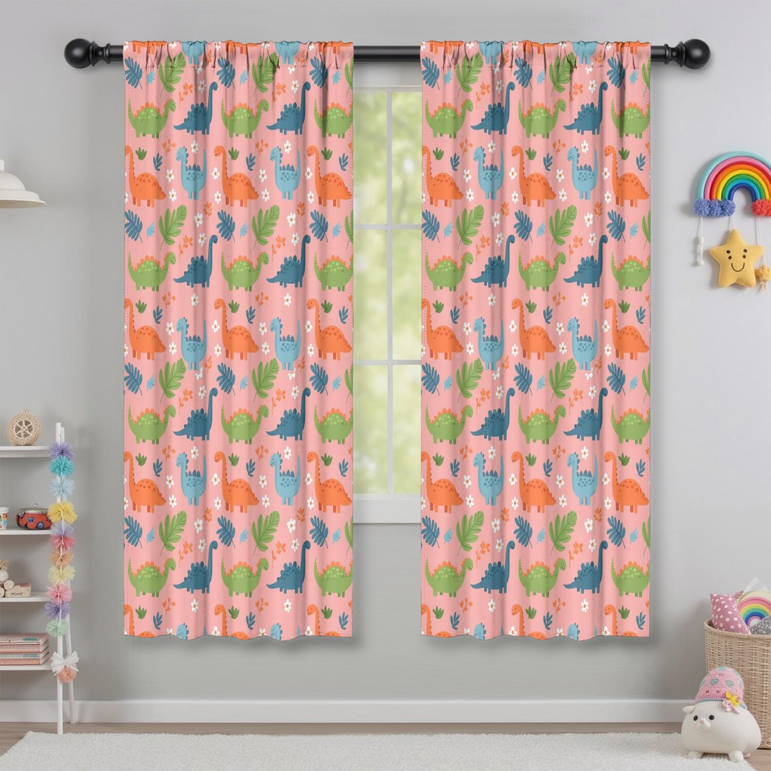 Blackout Kids Curtains,Pink Dinosaur Floral Pattern Childrens Insulated Curtains Set Of 2,Bedroom Essentials,Toddler Room Decor 42"x63"