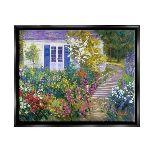 Stupell Industries Garden Cottage House Landscape Painting Black Floater Framed Canvas Art Print Wall Art, 21 x 17
