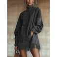 thumbnail image 5 of Women'S High Neck Suede Retro Long Sleeve Dress with Fringe Trim and Pockets Loose Fit Black XL, 5 of 8