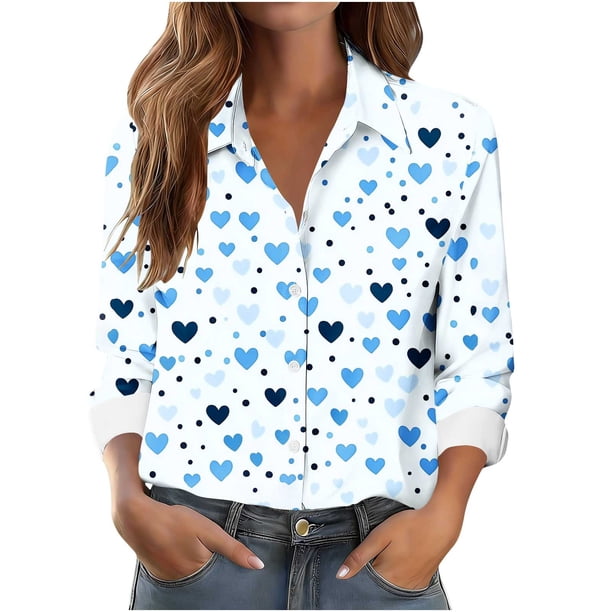 Camisa Impresa de Manga Larga Casual de las Mujeres con Cuello en V, Blusa con Botones de Longitud Regular para Uso Diario Y Estilo Callejero