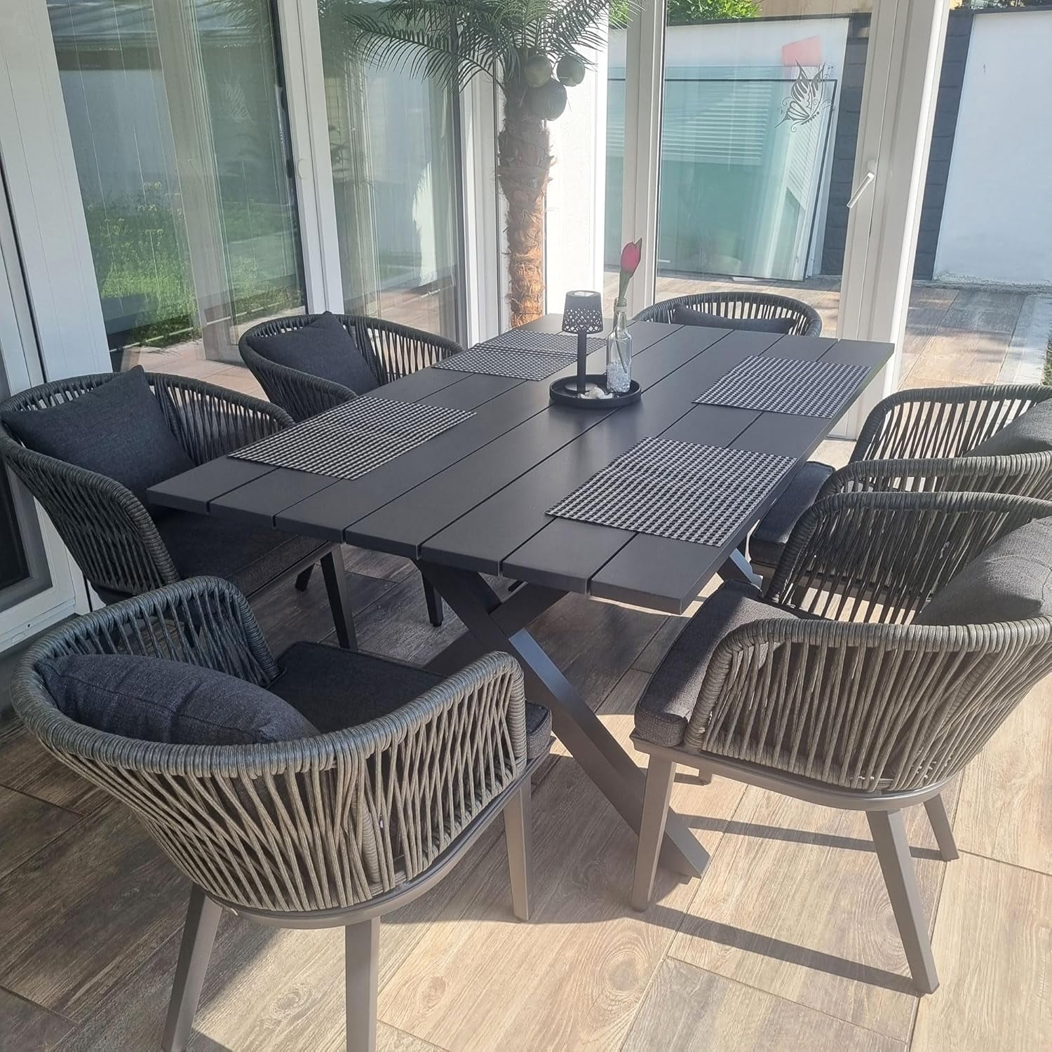 PURPLE LEAF 7 Pieces Patio Dining Set, Rectangular Aluminum Outdoor Table and 6 Wicker Chairs with Cushions for Garden Kitchen and Porch, Grey