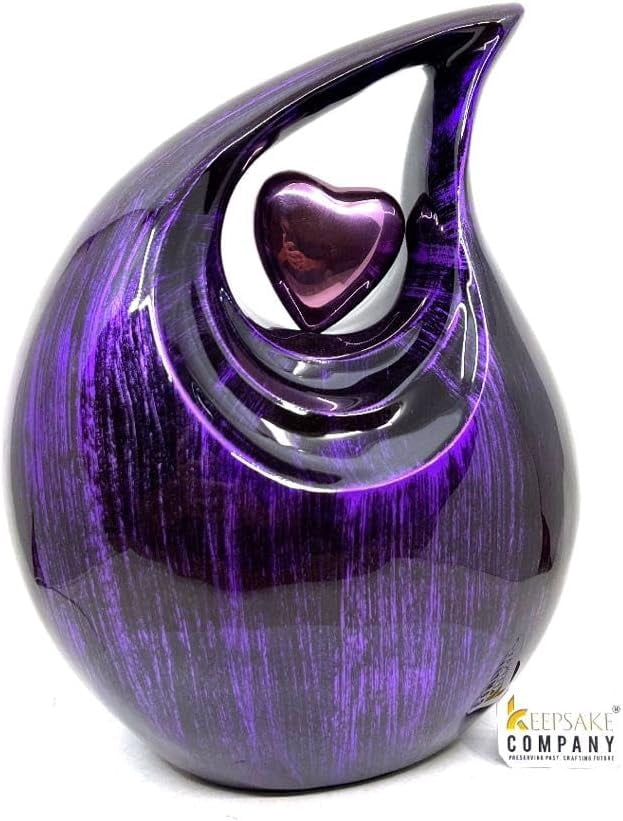 Tear Urn for Ashes 2.5L - Black & Purple Aluminum with Heart Insert - Teardrop Urns for Human Ashes - Cremation Urns for Adult Male/Female - Decorative Burial & Funeral Urn