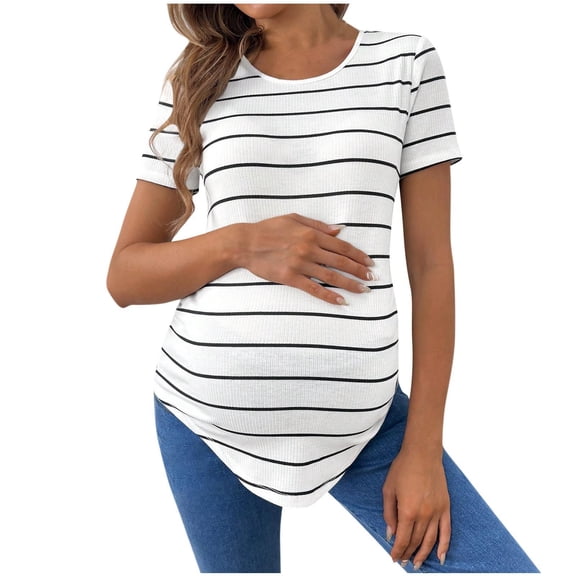 Nilvkv Maternity Shirts, Maternity Tops, Short Sleeve Round Neck Striped Slim Fit Curved Hem Loose Top Summer White M