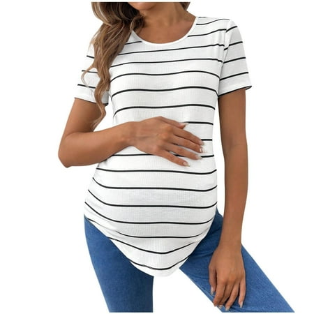 breaise Maternity Stripe Tshirt for Women Short Sleeve Pregnancy Top Summer Crewneck Tunic Tops Mama T-Shirts