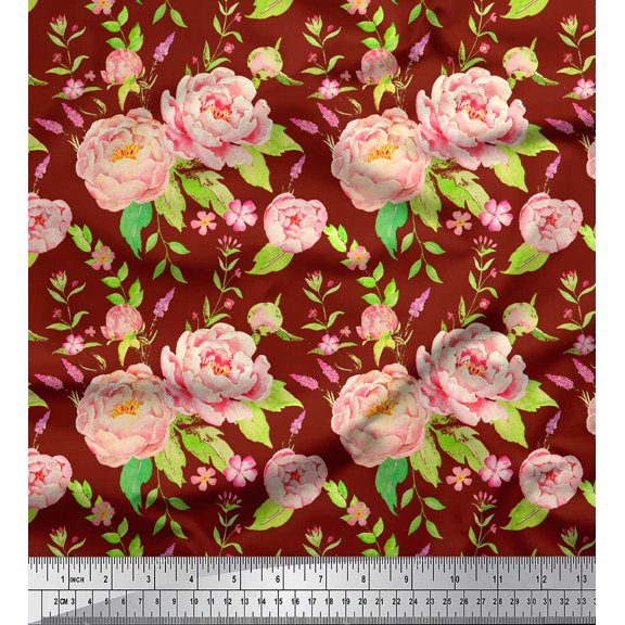 Soimoi Red Cotton Duck Fabric Leaves & Peony Floral Print Sewing Fabric Yard 42 Inch Wide