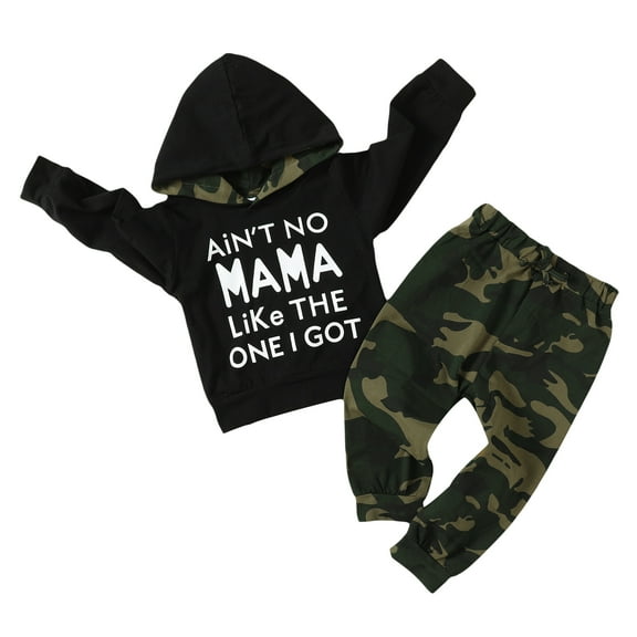 Kucnuzki 2T Toddler Boy Winter Outfits Pants Sets 3T Long Sleeve Classic Letter Prints Hoodie Pull-over Elastic Camouflage Prints Pants 2PCS Set Black