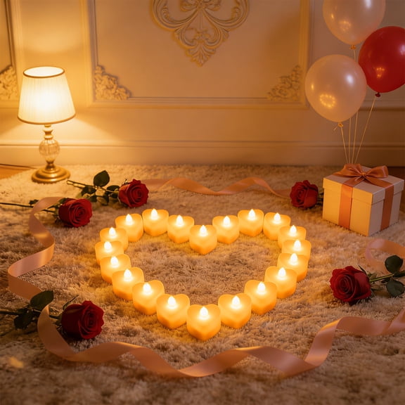 Gqtwoy Heart Shaped LED Candles - 24 Pack Flameless Tea Lights with Realistic Flickering, Battery Operated Decorative Lights for Wedding, Party, Valentine's Day, Christmas, Home Decor
