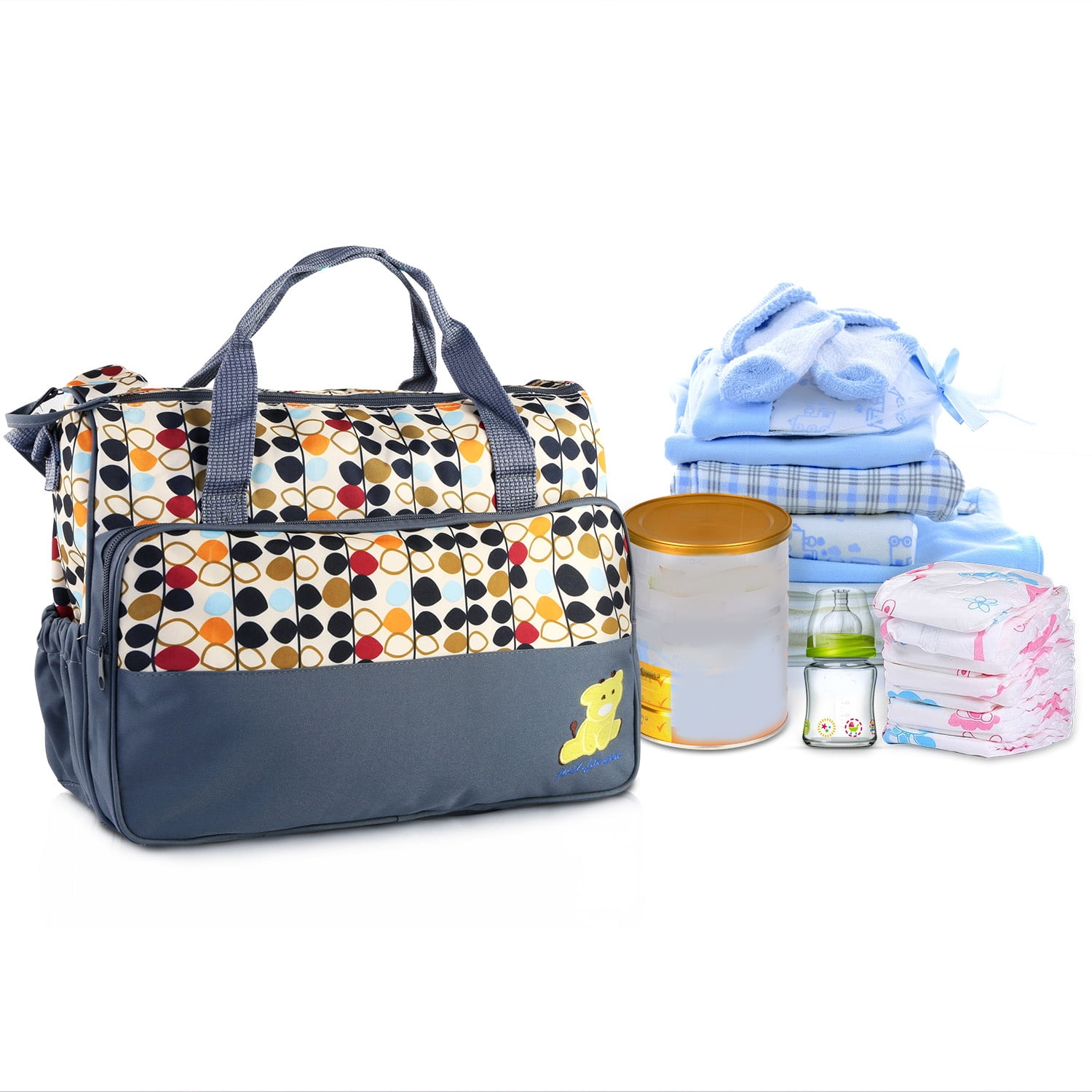 iMounTEK Baby Diaper Tote Stylish Nappy Messenger Insulated Bag 5 Piece Set Large Medium Handbag, Food/Bottle Bag, Gray